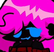 a close up of a cartoon character with pink hair and blue tears .