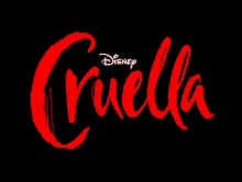 a disney cruella logo is displayed in red on a black background