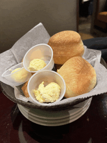 a basket of biscuits and butter sits on a stack of plates