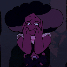 a purple cartoon character is covering her face with her hands in a dark room