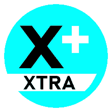 a blue circle with the letter x and the word xtra below it