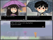 a cartoon of a boy and a girl with umbrellas talking