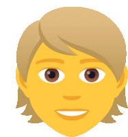 a yellow smiley face with brown eyes and short blonde hair