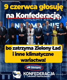 a group of people standing in front of a sign that says 9 czerwca głosuje