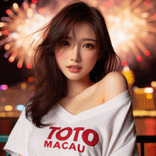 a woman wearing a toto macau t-shirt stands in front of a fireworks display