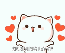 a cartoon cat is sending love with hearts around it .