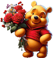 a winnie the pooh holding a bouquet of red roses