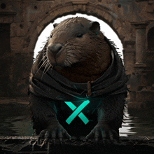 a beaver with a green x on it 's chest