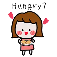 a cartoon of a girl holding a plate of food with the words hungry written above her