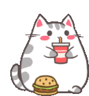 a cat is sitting next to a hamburger and a drink .