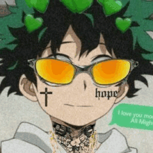 a boy with sunglasses and a cross on his face is wearing a crown of hearts .