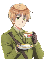 a man in a green uniform holds a cup of tea