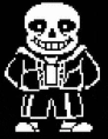 a pixel art drawing of sans from undertale standing in front of a black background .