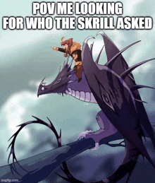 a cartoon of a man riding a dragon with the caption " pov me looking for who the skrilla asked "