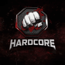 a logo for hardcore with a fist and blood