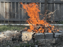 a wooden fence is behind a fire that is burning