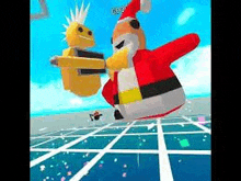 a cartoon character in a santa suit is fighting a robot .