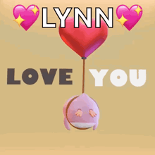 a pink penguin is holding a red heart shaped balloon that says lynn i love you