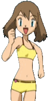 a cartoon girl wearing a yellow bikini top and shorts