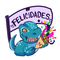 a cartoon of a dinosaur holding a cone under a sign that says " felicidades "