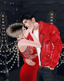 a man wearing a red leather jacket kisses a woman in a red dress