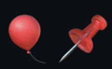 a red balloon next to a red pin on a black background