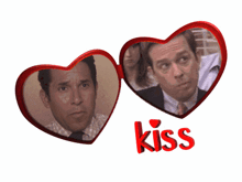 a couple of hearts with the word kiss in the middle