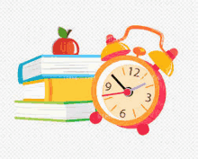 an alarm clock sitting on top of a stack of books next to an apple .