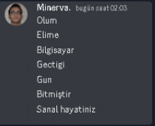 a black screen with a picture of a man and the words minerva bugun saat 02.03