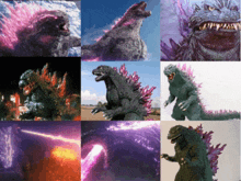 a collage of different images of a monster with purple hair