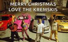 a group of people standing in front of cars with merry christmas love the kremskis written above them