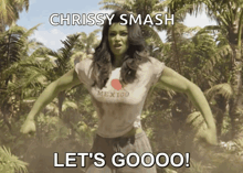 chrissy smash says let 's goooo in front of a superhero
