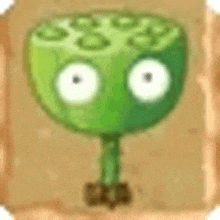 a cartoon illustration of a green object with white eyes on a brown background .