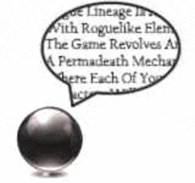 a black ball is sitting next to a speech bubble with text on it .