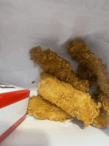 a bag of fried chicken next to a box that says ' chicken ' on it