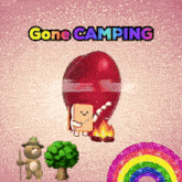 a poster that says gone camping with a red egg