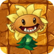 a cartoon sunflower is smiling and looking at the camera on a brick wall .