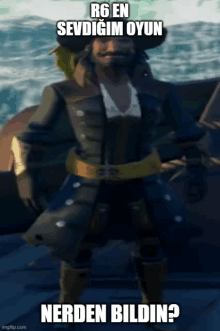 a man in a pirate costume is standing on a boat in the ocean with a beard and mustache .