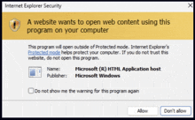 an internet explorer security warning that a website wants to open web content using this program