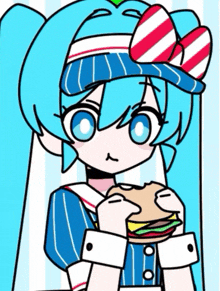 a girl with blue hair is holding a hamburger in her hands