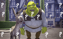 shrek and donkey are standing next to each other with many question marks around them