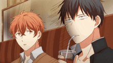 two anime characters one with a straw in his mouth and the other with his eyes closed