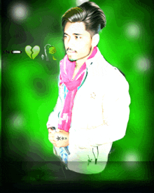 a man in a white jacket with a pink scarf around his neck has a broken heart in the background