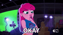 a cartoon character with pink hair says okay