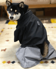 a black dog wearing a black kimono with a chinese symbol on it