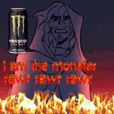 a can of monster energy is next to a drawing of a man