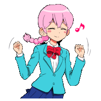 a girl with pink hair is dancing with a pink music note above her