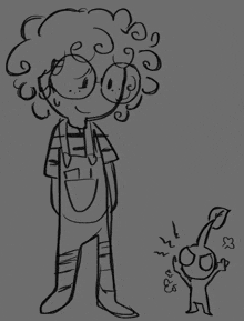 a black and white drawing of a cartoon character with curly hair and glasses