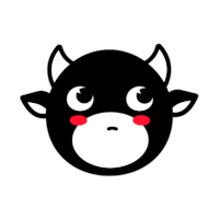 a black and white cow with horns and red cheeks