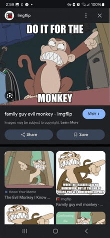 a screenshot of family guy evil monkey on a phone screen